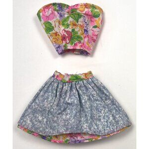 VTG 1992 MATTEL Barbie Doll Reversible Fashions Denim/Floral Skirt & Top EUC